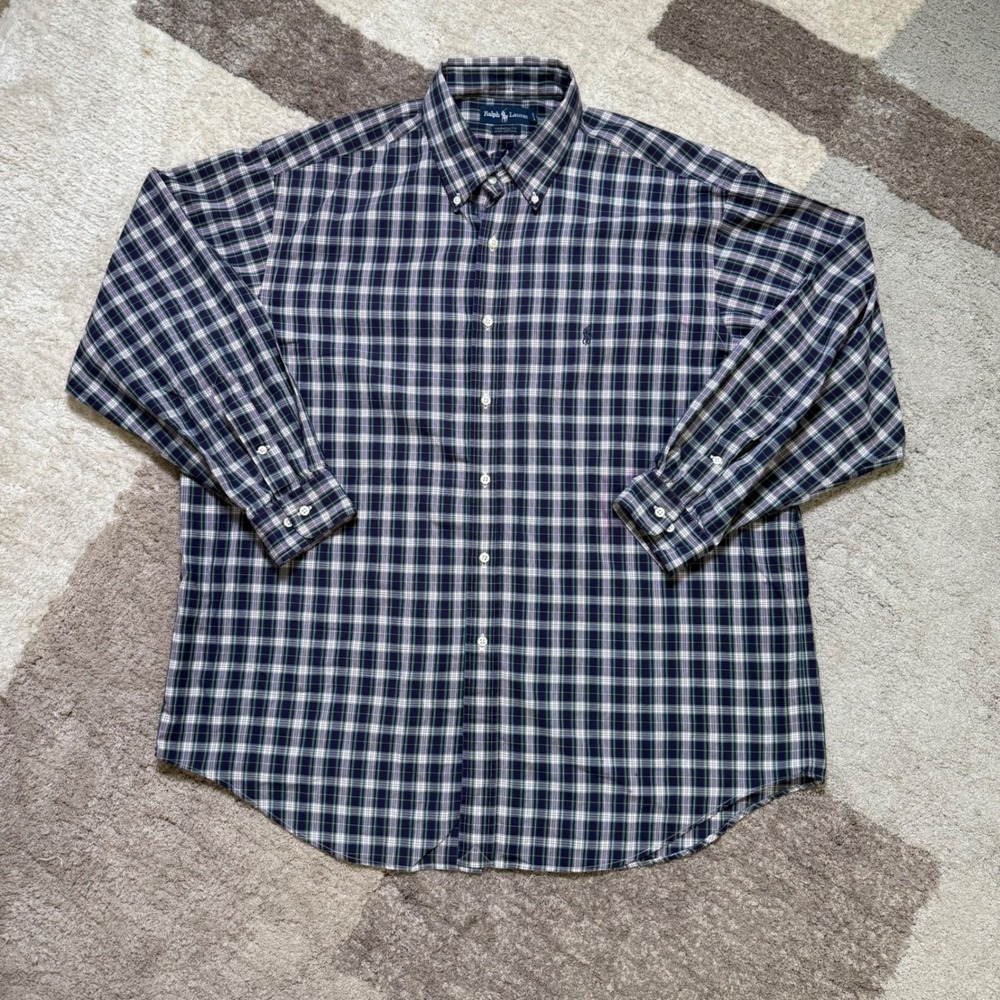 Ralph Lauren Yarmouth Mens 17.5 34/35 Navy Green Plaid Cotton Button Down Shirt